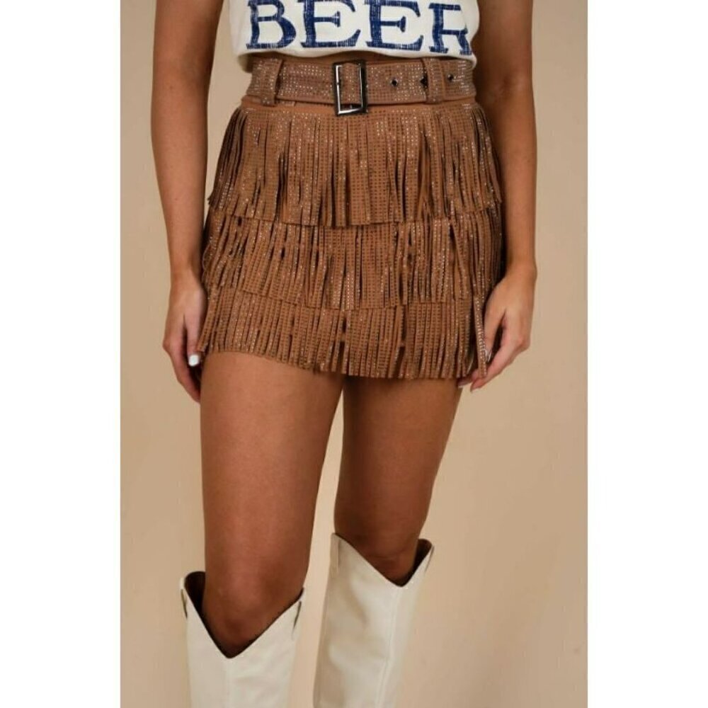 *PLUS ONLY* Spotlight Stealer Rhinestone Fringe Mini Skort Camel - Picture 3 of 10